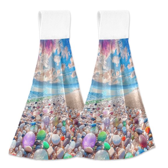2 Pcs Sea and Colorful Cobblestone Kitchen Hand Towels with Hanging Loops Absorbent Soft Fast Drying Decor Bath Towels