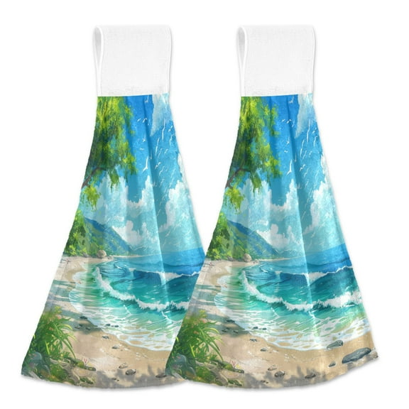 2 Pcs Seagull Sea Wave Beach Kitchen Hand Towels with Hanging Loops Absorbent Soft Fast Drying Decor Bath Towels