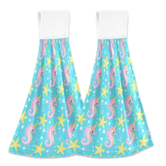 2 Pcs Seahorse and Starfish Kitchen Hand Towels with Hanging Loops Absorbent Soft Fast Drying Decor Bath Towels