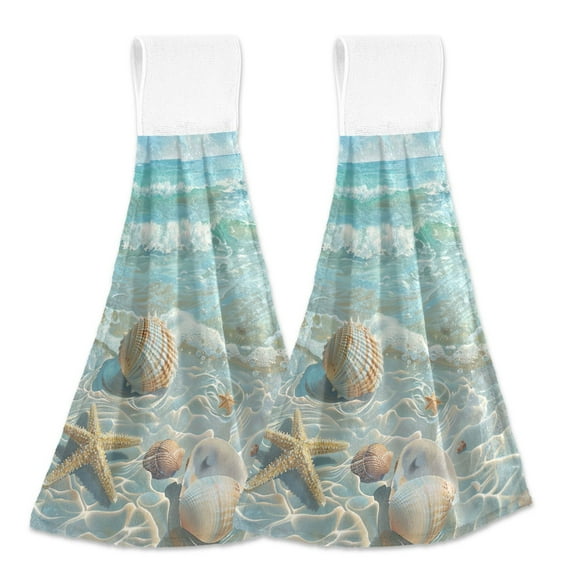 2 Pcs Seashells Sea Stars Beach Kitchen Hand Towels with Hanging Loops Absorbent Soft Fast Drying Decor Bath Towels