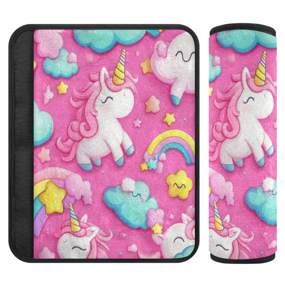 2 Pcs Seat Belt Cover Pad for Car Soft Flannel Car Seat Belt Shoulder Cover with All Cars and Backpack 6.5*6.5 Inch Unicorns and Clouds