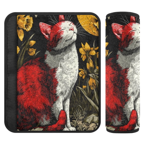 2 Pcs Seat Belt Strap Covers Pad for Car Soft Flannel Car Seat Belt Shoulder for All Cars Red Cat and Sunflowers