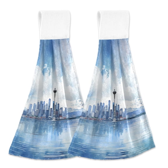 2 Pcs Seattle Skyline and Cloud Kitchen Hand Towels with Hanging Loops Absorbent Soft Fast Drying Decor Bath Towels