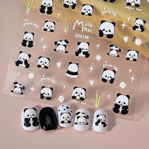 2 Pcs Self-Adhesive 3D Embossed Nail Art Stickers - Cute Panda & Bamboo Designs for Creative Nail Art