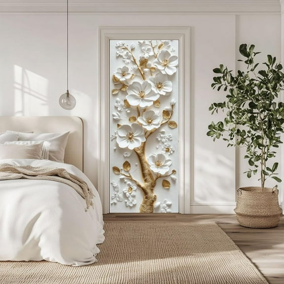 2 Pcs Self-Adhesive Door Sticker 31.5"x78.7" 3D Flower and Golden Branch Door Murals Stickers PVC Door Removable Wallpaper Decoration for Bedrooms Living Room