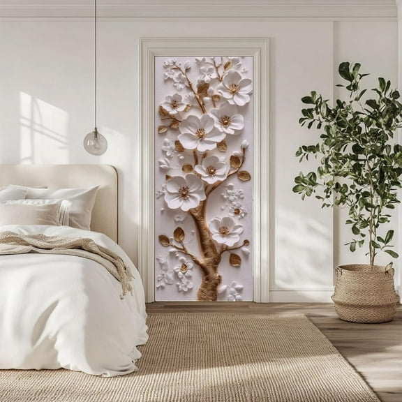 2 Pcs Self-Adhesive Door Sticker 31.5"x78.7" 3D Flower and Golden Branch Door Murals Stickers PVC Removable Wallpaper Decoration for Bedrooms Living Room