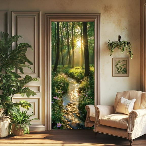 2 Pcs Self-Adhesive Door Sticker 31.5"x78.7" Early Morning Design Door Murals Stickers with Woods PVC Furniture Removable Wallpaper Decoration for Bedrooms Living Room Colorful