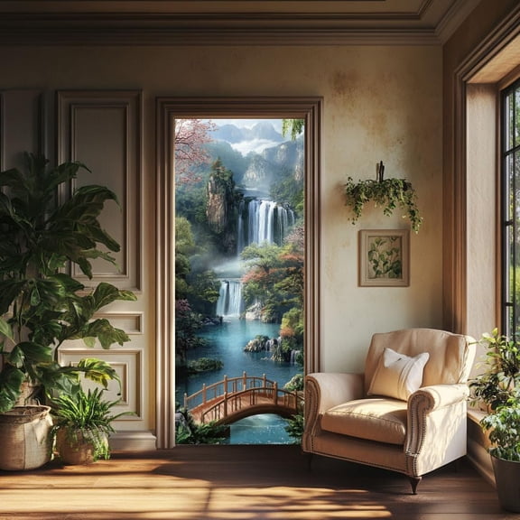 2 Pcs Self-Adhesive Door Sticker 31.5"x78.7" Mountain and Waterfall Pattern Door Murals Stickers PVC Door Removable Wallpaper Decoration