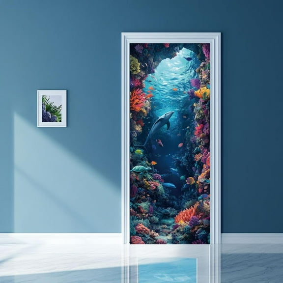 2 Pcs Self-Adhesive Door Sticker 31.5"x78.7" Sea Creature Door Murals Stickers Dolphins PVC Door Removable Wallpaper Decoration for Bedrooms Living Room