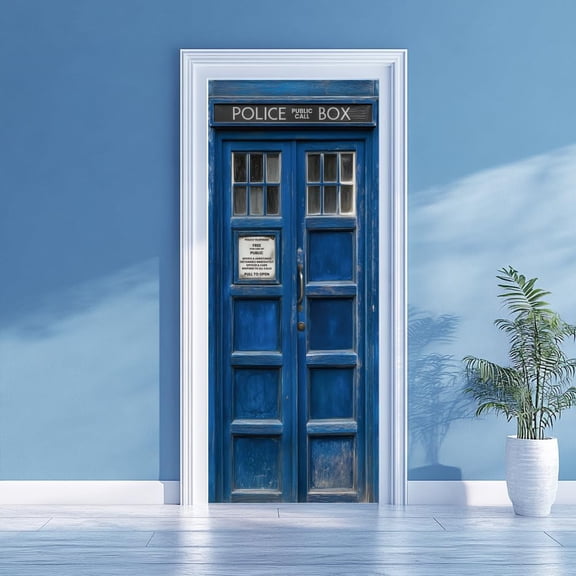 2 Pcs Self-Adhesive Door Stickers 31.5"x78.7" Blue Telephone Booth Pattern Door Murals Stickers PVC Doors Removable Wallpaper Decoration