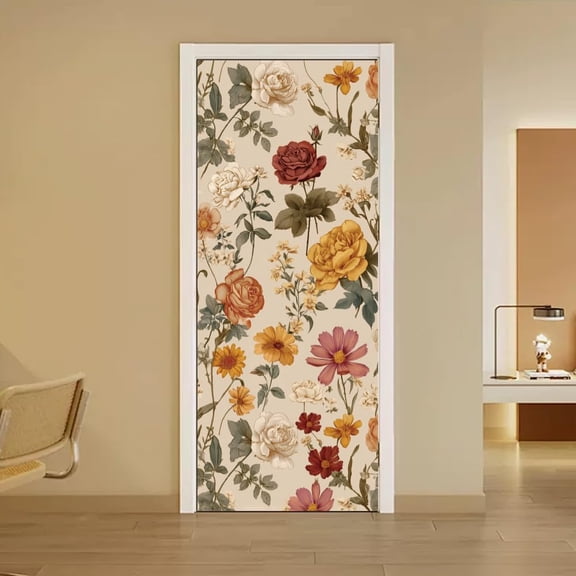 2 Pcs Self-Adhesive Door Stickers 31.5"x78.7" Vintage Botanical Floral Roses Pattern Door Murals Stickers PVC Doors Removable Wallpaper Decoration