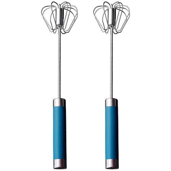 2 Pcs Semi Automatic Whisk, 10 In / 26 Cm Stainless Steel Egg Beater, Hand Push Mixing Tool, 360 Rotating Kitchen Baking Blender For Cream, Blue