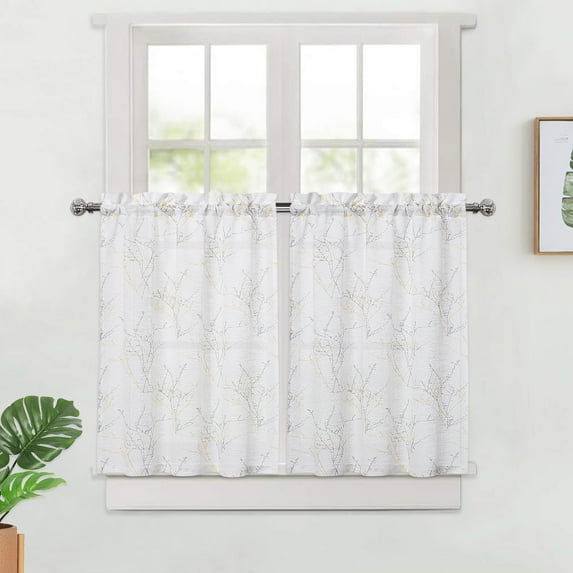 2 Pcs Semi-Sheer Tier Curtains, Tree Branches Pattern Printed Rod Pocket Cafe Voile Curtain