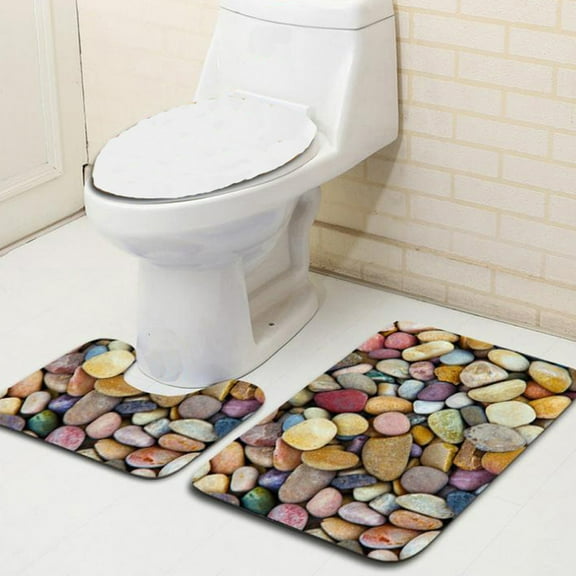 2 Pcs/Set Bathroom Rugs Non-Slip Backing Flannel Water Absorbent Colorful Stone Pattern Decor Bath Mats