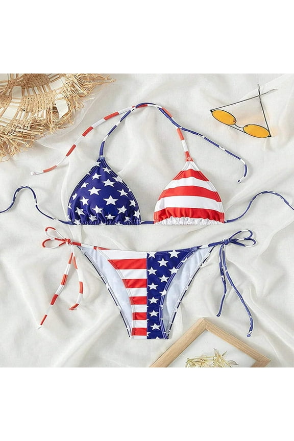 2 Pcs/Set Bikini Set Sexy Bikinis 2024 Lace-up Bikini Swimsuit Women's High Sense American Flag Print Beach Bikini Spa Swimsuit
