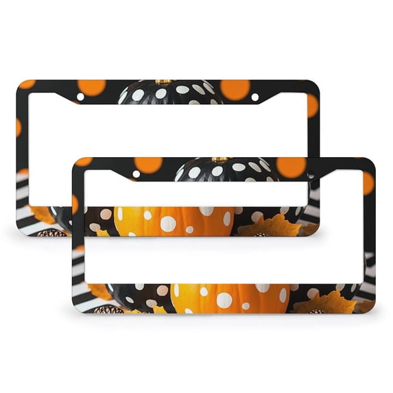 2 Pcs Set Black White And Orange Polka Dot Pumpkins License Plate Frames Autumn Thanksgiving License Plate Frame License Plate Shield Frame Aluminum Metal 2 Holes Fits All Car