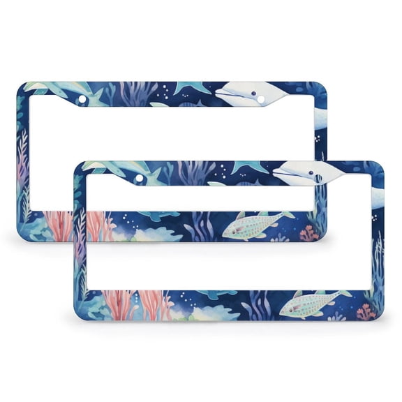 2 Pcs Set Blue Whale Cute Cartoon License Plate Frames Nature Nautical Ocean Sea Whale Funny License Plates Quality Aluminum Metal 2 Holes for US Standard Vehicles for Women Men