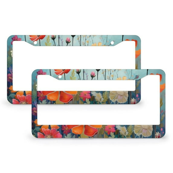 2 Pcs Set Colored Flowers License Plate Frame Spring Summer Flowers Personalized License Plate Frame Metal 2 Hole for Women Men US Vehicles
