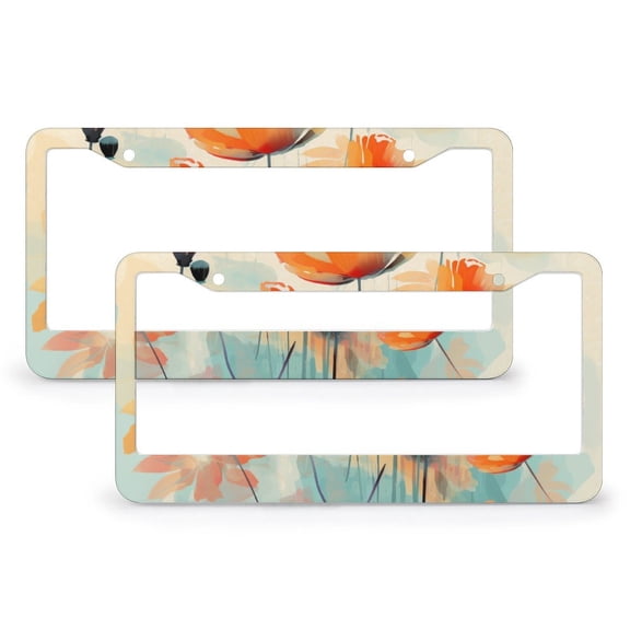 2 Pcs Set Colorful Flowers License Plate Frame Abstract Wild Flowers Personalized License Plate Frame Aluminum Metal 2 Round Holes Car Accessories US Canada Standard