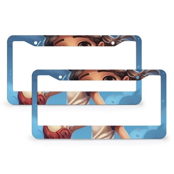 2 Pcs Set Cute Cartoon Brunette Girl Play Baseball License Plate Frames Unique Sports Souvenir Personalized License Plate Frame Aluminum Metal 2 Round Holes Gift for Dad