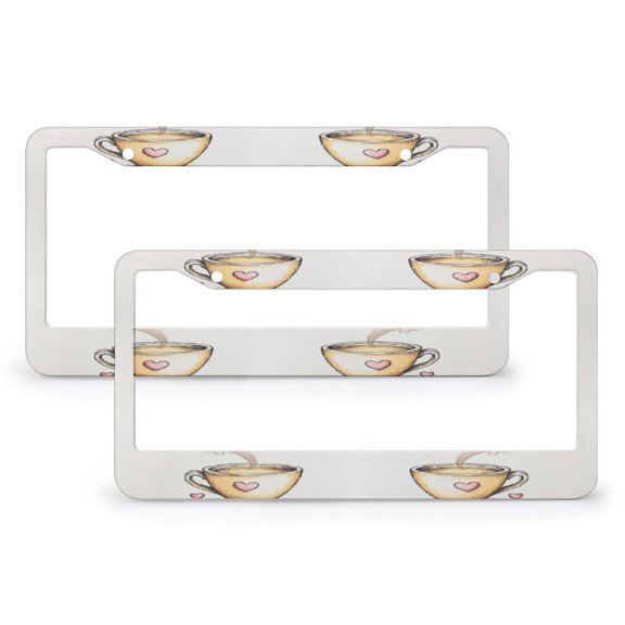 2 Pcs Set Cute Cartoon Coffee Cup License Plate Cover Coffee Decorative License Plate Cover License Plate Novelty License Plate Frame Metal 2 Round Holes Car Accessories US Canada Standard