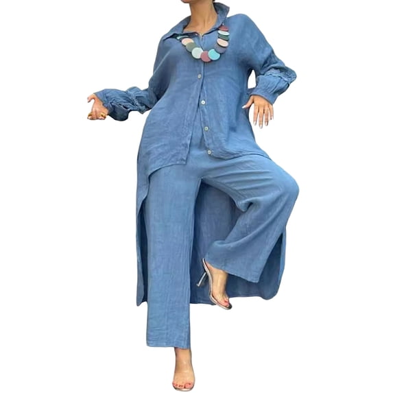 2 Pcs/Set Fall Spring Women Shirt Pants Set Long Sleeves Lapel Lace Cuff Button-down Irregular Hem Blouse Elastic Waist Trousers OL Commuting Sport Pantsuit Outfit