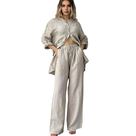 2 Pcs/Set Fall Spring Women Shirt Pants Set Long Sleeves Stand Collar Button-down Blouse Elastic Waist Trousers OL Commuting Sport Pantsuit Outfit