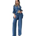thumbnail image 1 of 2 Pcs/Set Fall Spring Women Shirt Pants Set Long Sleeves Stand Collar Button-down Blouse Elastic Waist Trousers OL Commuting Sport Pantsuit Outfit, 1 of 8