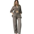 thumbnail image 1 of 2 Pcs/Set Fall Spring Women Shirt Pants Set Long Sleeves Stand Collar Button-down Blouse Elastic Waist Trousers OL Commuting Sport Pantsuit Outfit, 1 of 8