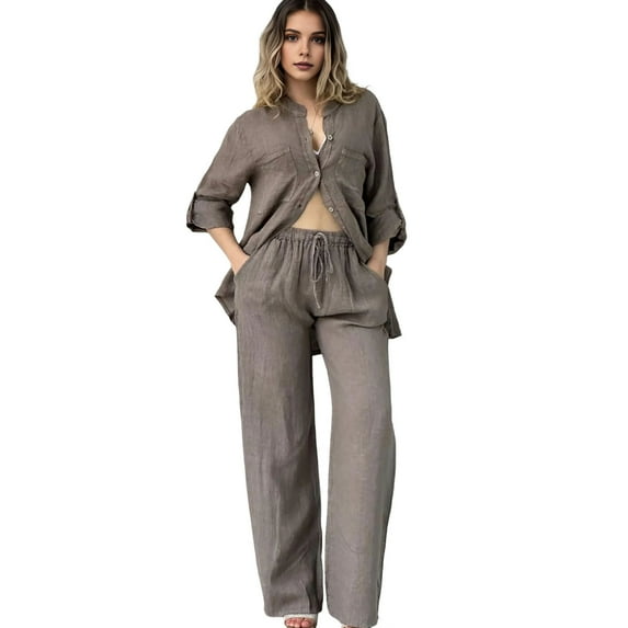 2 Pcs/Set Fall Spring Women Shirt Pants Set Long Sleeves Stand Collar Button-down Blouse Elastic Waist Trousers OL Commuting Sport Pantsuit Outfit