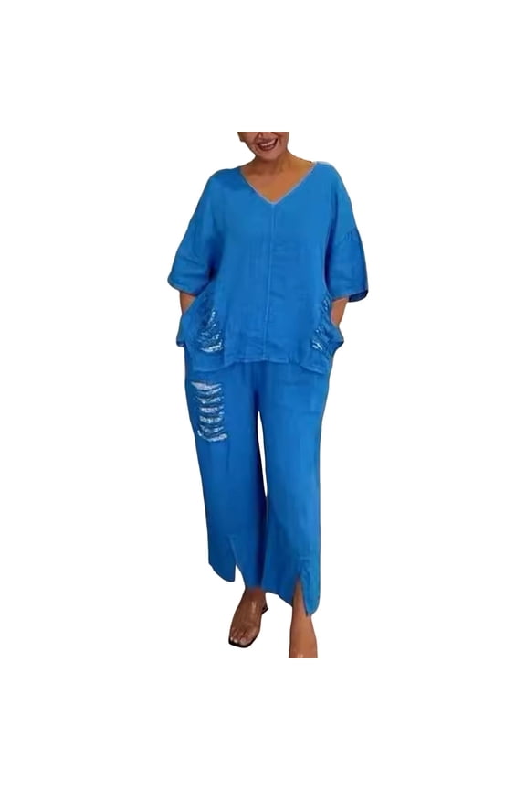 2 Pcs/Set Fall Spring Women T-shirt Pants Set Half Sleeves V Neck Rippe Top Elastic Waist Sequin Trousers OL Commuting Sport Pantsuit Outfit