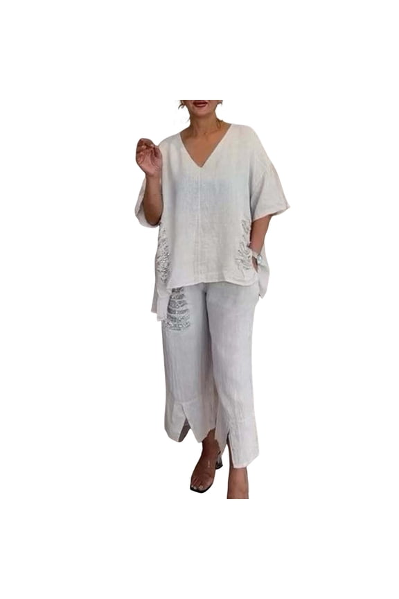 2 Pcs/Set Fall Spring Women T-shirt Pants Set Half Sleeves V Neck Rippe Top Elastic Waist Sequin Trousers OL Commuting Sport Pantsuit Outfit