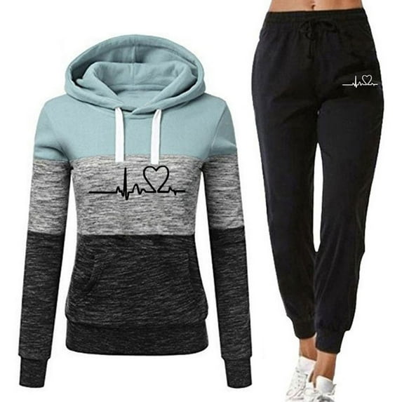 2 Pcs/Set Fall Winter Hoodie Pants Set Printed Colorblock Drawstring Patch Pocket Top Drawstring Elastic Waist Ankle-banded Trousers Lady Tracksuit Sport Outfit