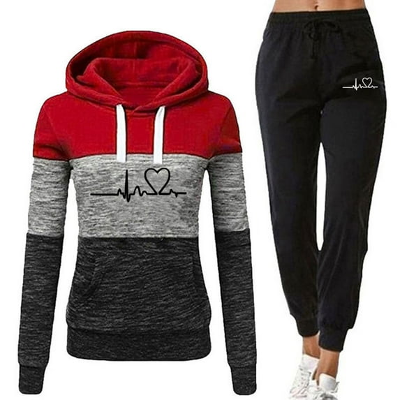 2 Pcs/Set Fall Winter Hoodie Pants Set Printed Colorblock Drawstring Patch Pocket Top Drawstring Elastic Waist Ankle-banded Trousers Lady Tracksuit Sport Outfit