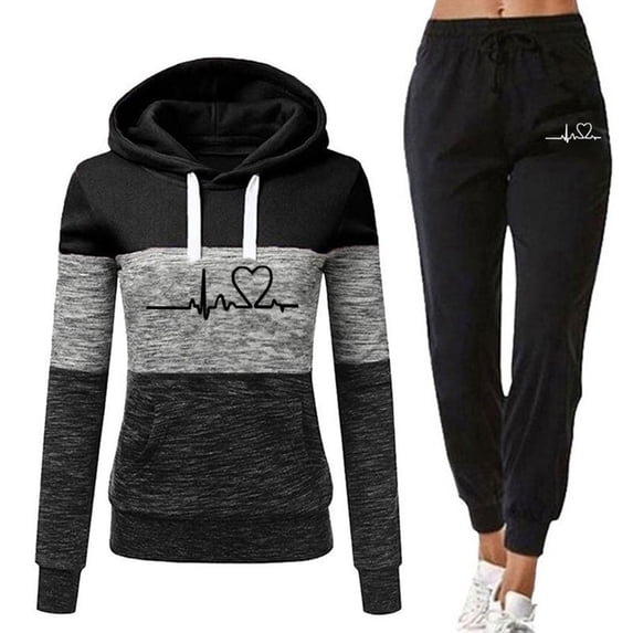 2 Pcs/Set Fall Winter Hoodie Pants Set Printed Colorblock Drawstring Patch Pocket Top Drawstring Elastic Waist Ankle-banded Trousers Lady Tracksuit Sport Outfit