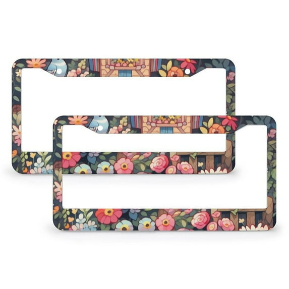 2 Pcs Set Flowering Garden And Colorful Birdhouses License Plate Frames Spring Vintage Bird And Flower Pattern Auto Car Accessories Tag Aluminum Metal 2 Hole for Girl Women Men Vehicles