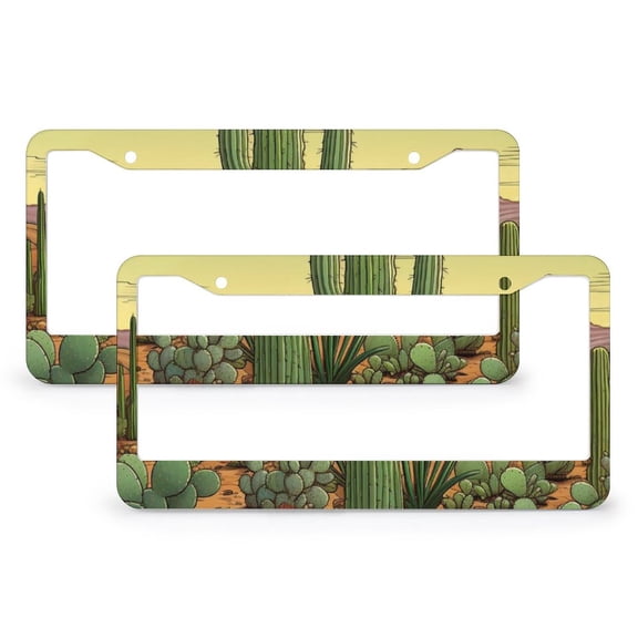 2 Pcs Set Funny Cactus Cartoon Cacti License Plate Frame Watercolor Succulent Plants Cactus License Plate Frame License Plate Shield Frame Aluminum 2 Holes Gift for Dad