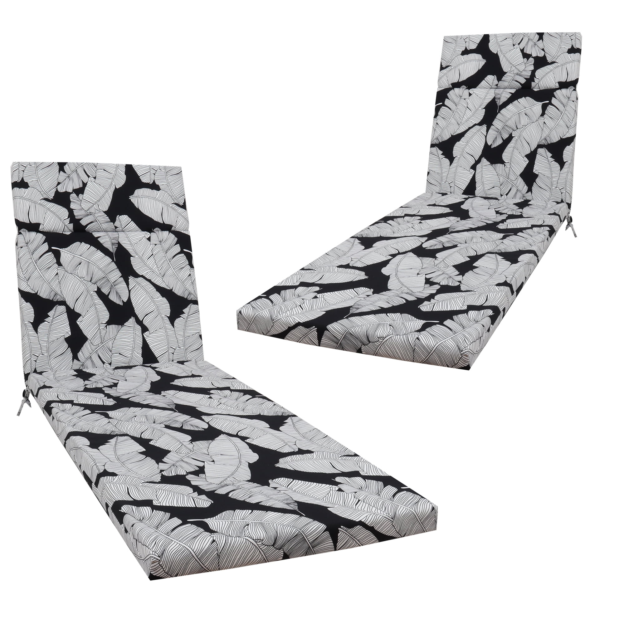 2 Pcs Set Indoor Outdoor Chaise Lounge Chair Cushion Outdoor Furniture Cushion with Ties, Patio Seat Cushion for Lawn,Pool & Beach, 75" x 22.8" x 2" (Black/Leaf)