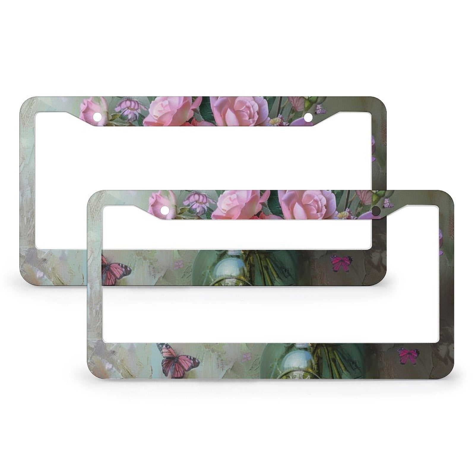 2 Pcs Set Jar with Fresh Roses And Butterflies License Plate Frames ...