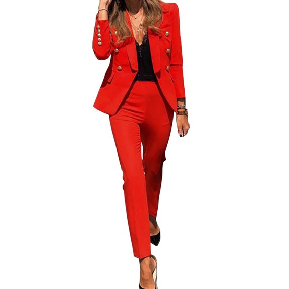 2 Pcs/Set Lady Formal Coat Pants Set Long Sleeves Button Decor Lapel Cardigan Mid Length Jacket Straight High Waist Trousers Formal Business Commuting Outfit