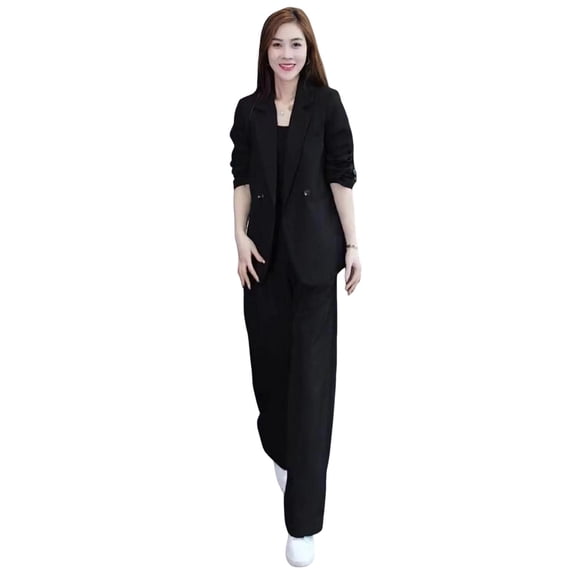 2 Pcs/Set Lady Formal Coat Pants Set Long Sleeves Double Buttons Cardigan Mid Length Jacket Loose Straight Wide Leg High Waist Trousers Formal Business Commuting Outfit