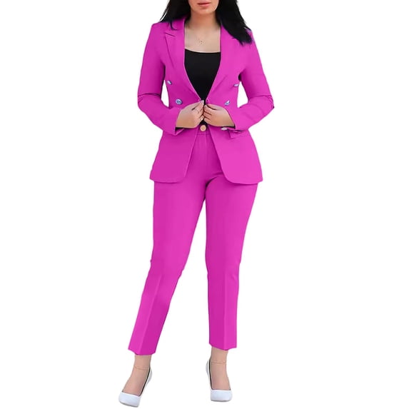 2 Pcs/Set Lady Formal Coat Pants Set Long Sleeves Double Buttons Tight Waist Cardigan Mid Length Jacket Straight High Waist Trousers Formal Business Commuting Outfit