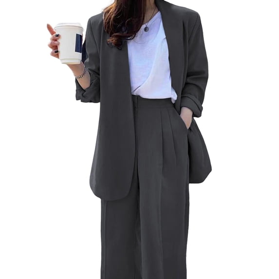 2 Pcs/Set Lady Formal Coat Pants Set Long Sleeves Open Stitch Cardigan Mid Length Jacket Loose Straight Wide Leg High Waist Trousers Formal Business Commuting Outfit