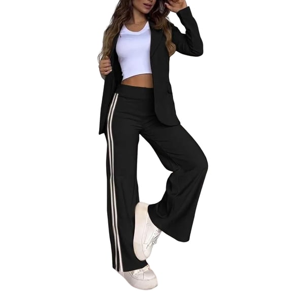 2 Pcs/Set Lady Formal Coat Pants Set Turn-down Collar Long Sleeves Jacket Loose Striped Wide Leg Trousers Casual Daily Wear Commuting Outfit