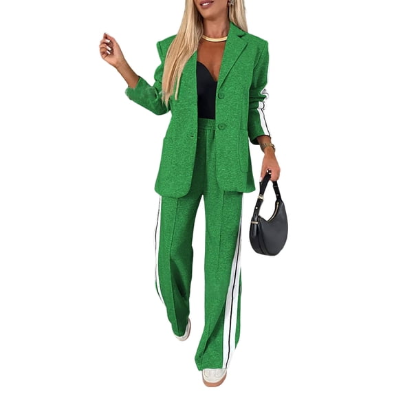 2 Pcs/Set Lady Formal Coat Pants Set Turn-down Collar Single-breasted Long Sleeves Jacket Loose Striped Wide Leg Trousers Casual Daily Wear Commuting Outfit
