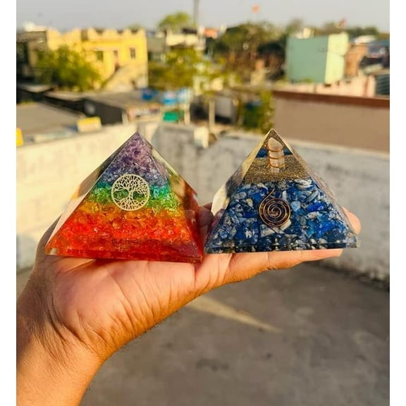 2 Pcs Set Lapis Lazuli & 7 Chakra Orgone Crystal Pyramid Seven Chakra Reiki Crystal Healing Tree of Life Orgonite Pyramid Home Office Table Decor Gift Positive Energy Yoga Meditation
