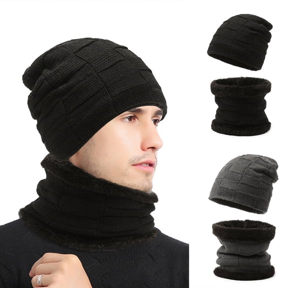 2 Pcs/Set Men Hat Scarf Set Knitted High Elasticity Anti-slip Cozy Warm Solid Color Knitted Thick Plush Winter Cycling Riding Beanie Neck Warmer Set