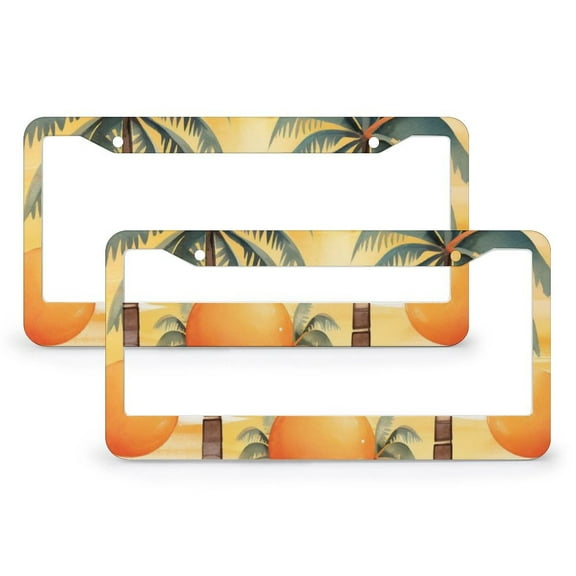 2 Pcs Set Merry Palm Trees And A Sun License Plate Frame Tropical Plant Standard Car Tag Cover Holder Quality Aluminum Metal 2 Hole for US And CA