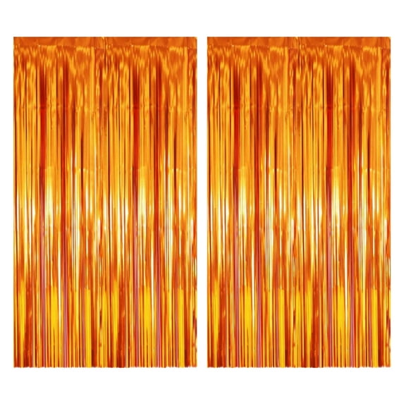2 Pcs/Set Orange Metallic Tinsel Foil Fringe Curtains, Party Streamer Backdrop Decoration For Birthday,Graduation And New Year Eve