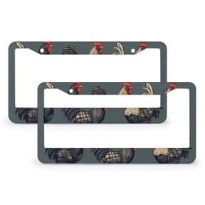 2 Pcs Set Plaid Chickens Walking License Plate Frame Watercolor Rooster License Plate Frame License Plate Shield Frame Stainless Aluminum 2 Holes Car Accessories US Canada Standard